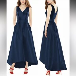 NEW Alfred Sung Sleeveless Pleated High Low Dress Pockets Sz 8 midnight navy